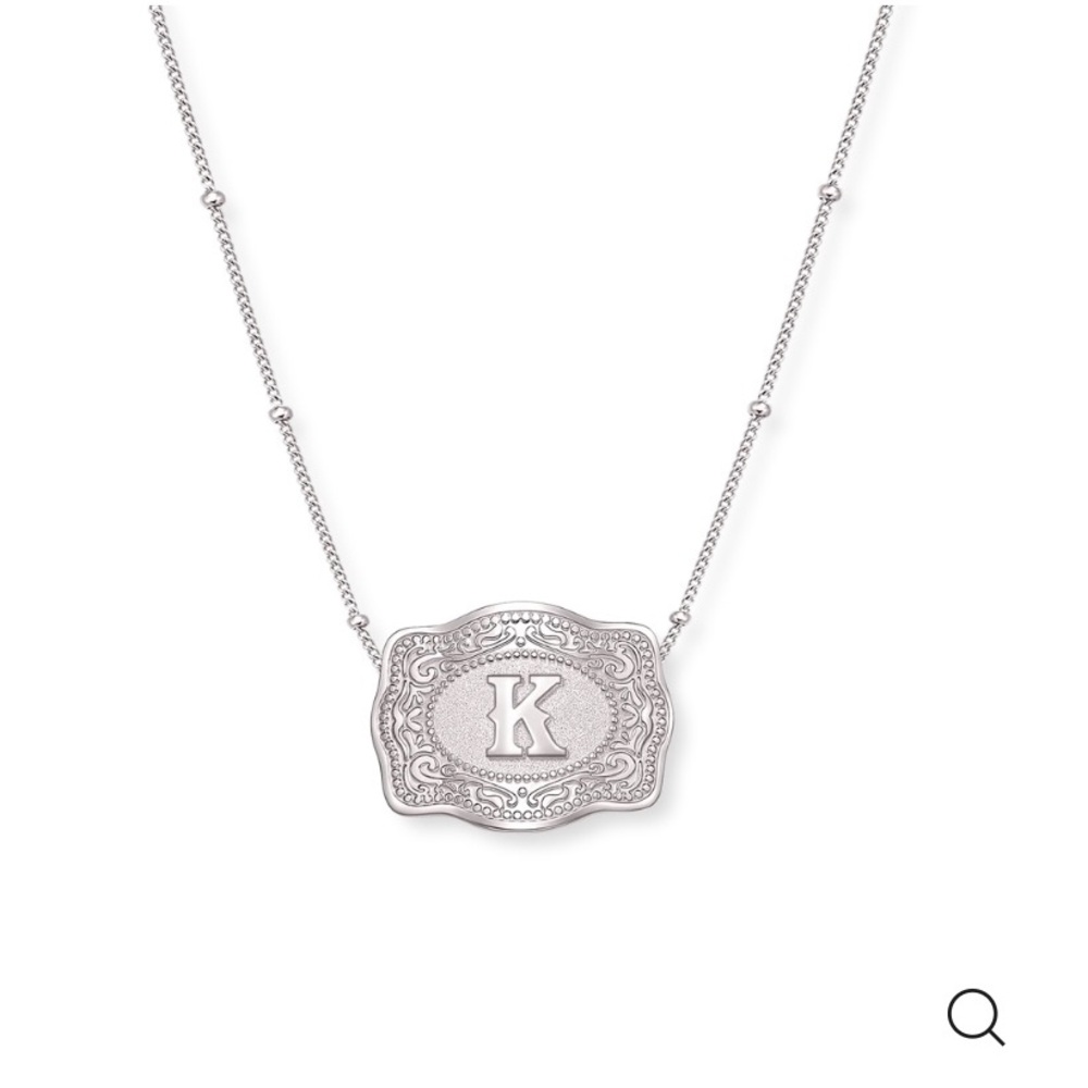 Silver Initial K Mini Belt Buckle Pendant Beaded Chain Necklace